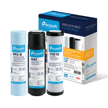 Покращений комплект картриджів Ecosoft 1-2-3 для фільтрів зворотного осмосу, Картридж, Україна, Комплект для зворотнього осмосу, для xолодной воды, комплект (1.Поліпропілен з бактеріостатичними властивостями. 2.Активоване вугілля зі шкаралупи кокосових горіхів. 3.Спресоване активоване вугілля), 5, 2,5, 10
