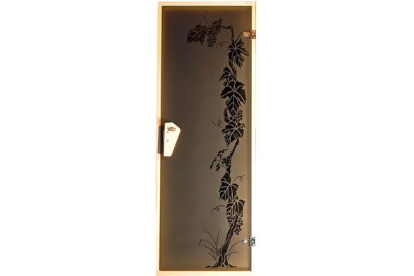 Двери для бани и сауны Tesli Виноград 1900 х 700, 70/190, стеклянная, с рисунком, с порогом, универсальня, 8 мм