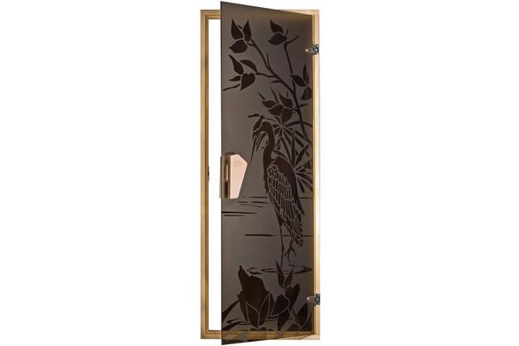 Двері для лазні та сауни Tesli Чапля 1900 х 700, 70/190, скляна, з малюнком, з порогом, универсальня, 8 мм