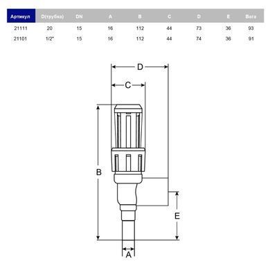 Кутовий регулюючий вентиль ПВХ Hidroten 1021101, d1/2"